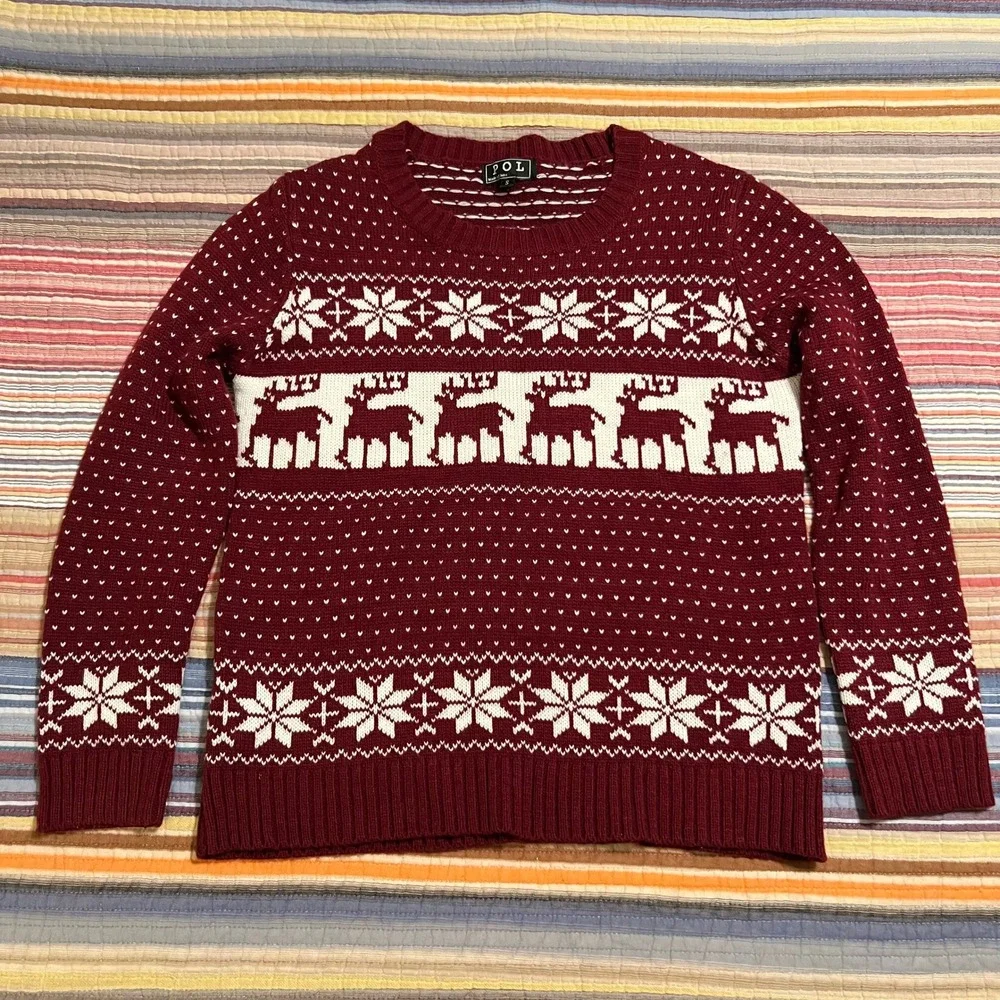 POL Burgundy Reindeer Snowflake‎ Fair Isle Knit Sweater Women's Size S